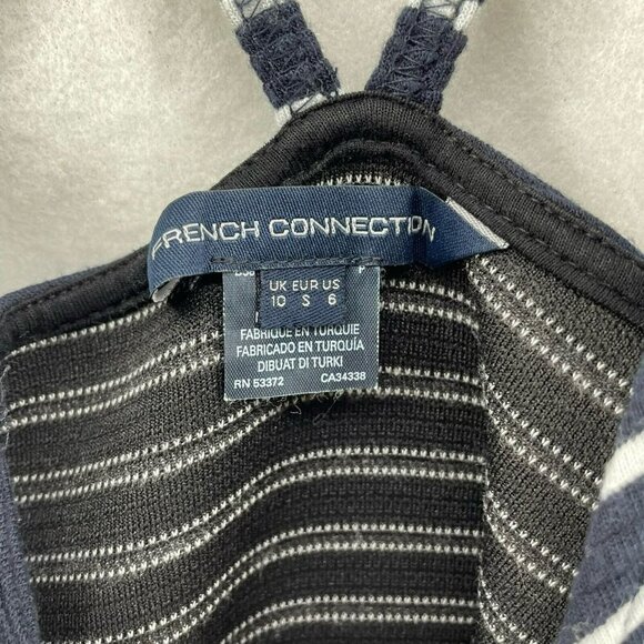 French Connection Dress Sz 6  Black White Striped V-Neck Strappy Back Fit Flare - Picture 9 of 11